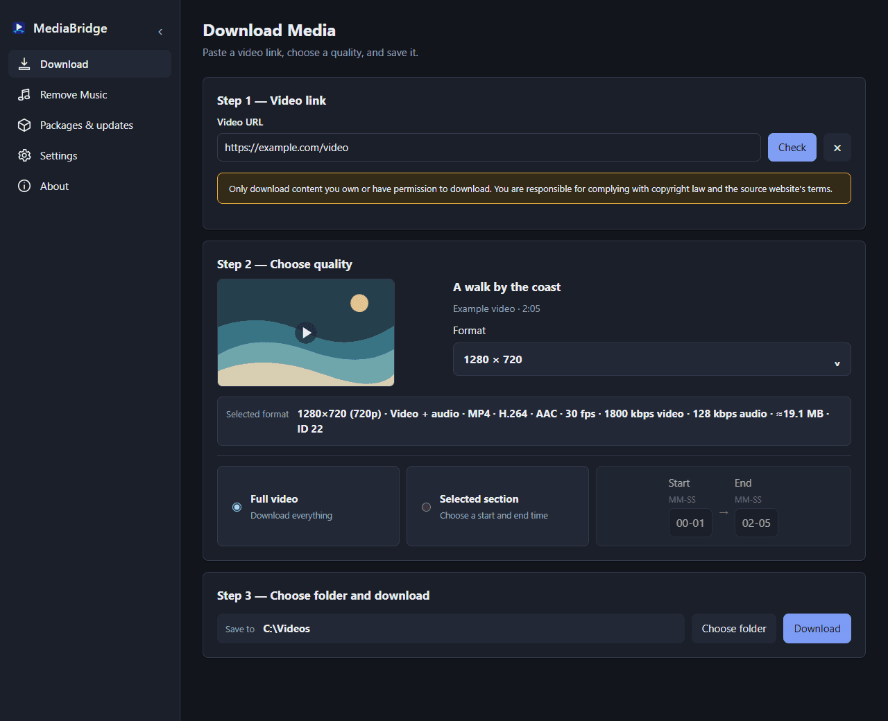 MediaBridge download screen with a video link field, format selection, and output folder controls.
